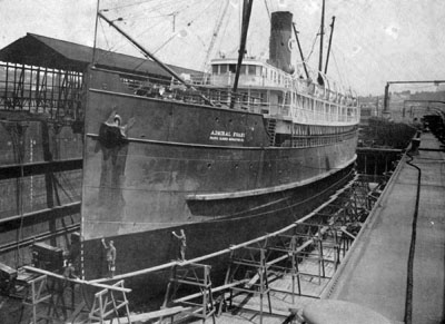 Out of the water, the Admiral Evans looks even bigger. The Admiral Evans in dry dock, circa 1920.